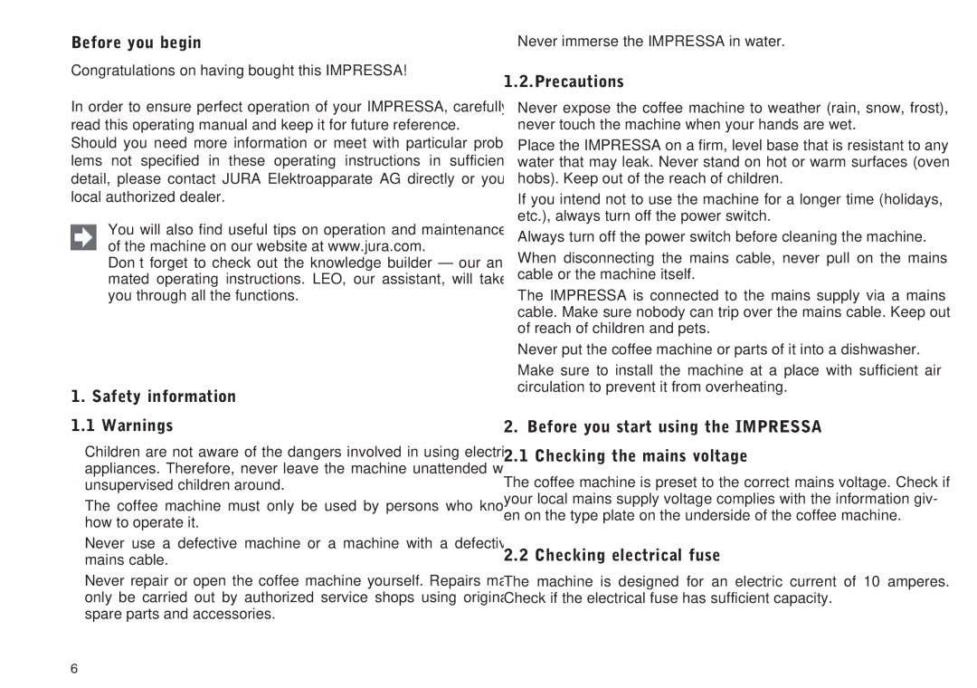 Jura Capresso IMPRESSA XS90, 95 Before you begin, Safety information 1.1 Warnings, Precautions, Checking electrical fuse 