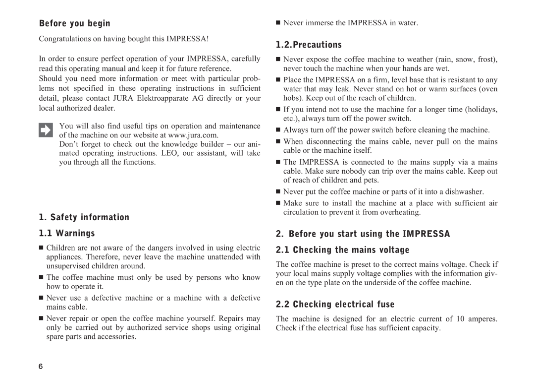 Jura Capresso IMPRESSA XS90, 95 Before you begin, Safety information 1.1 Warnings, Precautions, Checking electrical fuse 