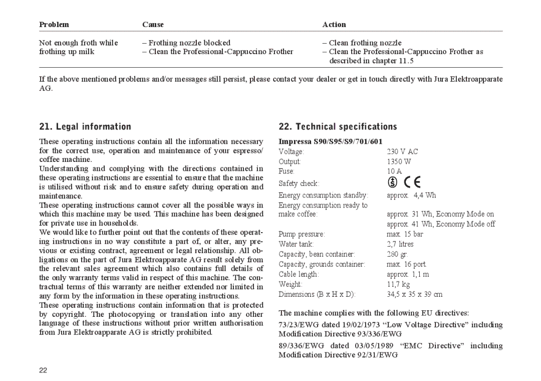 Jura Capresso IMPRESSA701, IMPRESSAS95, IMPRESSA 601, IMPRESSA S90 manual Legal information, Technical specifications 