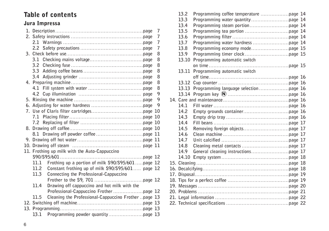 Jura Capresso IMPRESSAS95, IMPRESSA701, IMPRESSA 601, IMPRESSA S90 manual Table of contents 