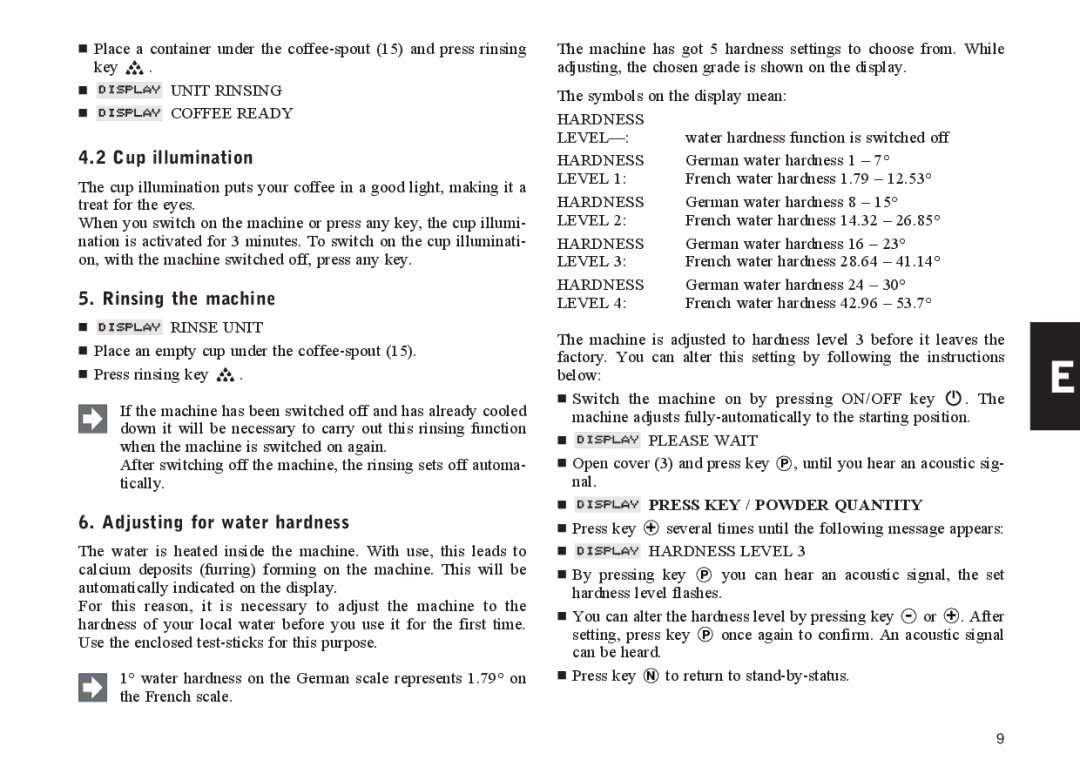 Jura Capresso IMPRESSA S90, IMPRESSA701, IMPRESSAS95 Cup illumination, Rinsing the machine, Adjusting for water hardness 