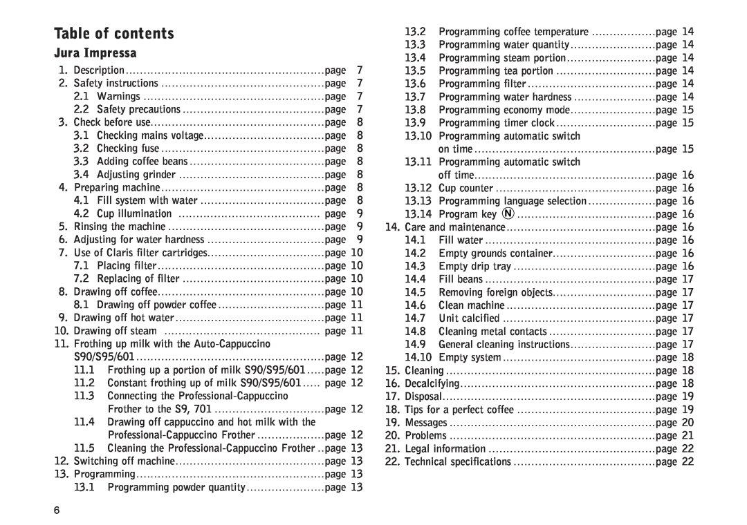 Jura Capresso IMPRESSAS95, IMPRESSA701, IMPRESSA 601, IMPRESSA S90 manual Table of contents, Jura Impressa 
