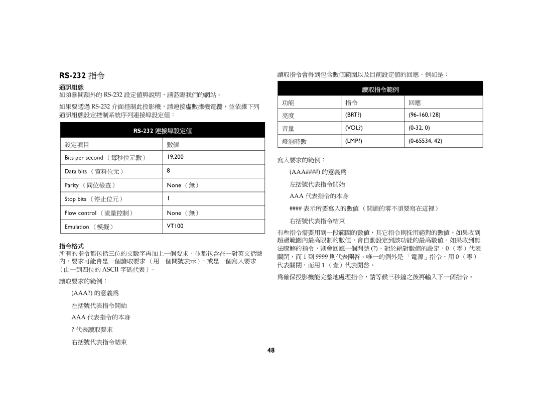 Jura Capresso LP 850 manual 通訊組態, 設定項目, 指令格式, 燈泡時數, 寫入要求的範例：= 