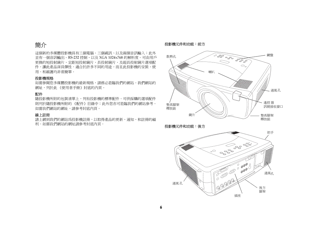 Jura Capresso LP 850 manual 投影機規格, 線上註冊, 請上網到我們的網站為投影機註冊，以取得產品的更新、通知、和註冊的福 利。=如需我們網站的網址請參考封底內頁。, 投影機元件和功能：=前方, 投影機元件和功能：=後方 