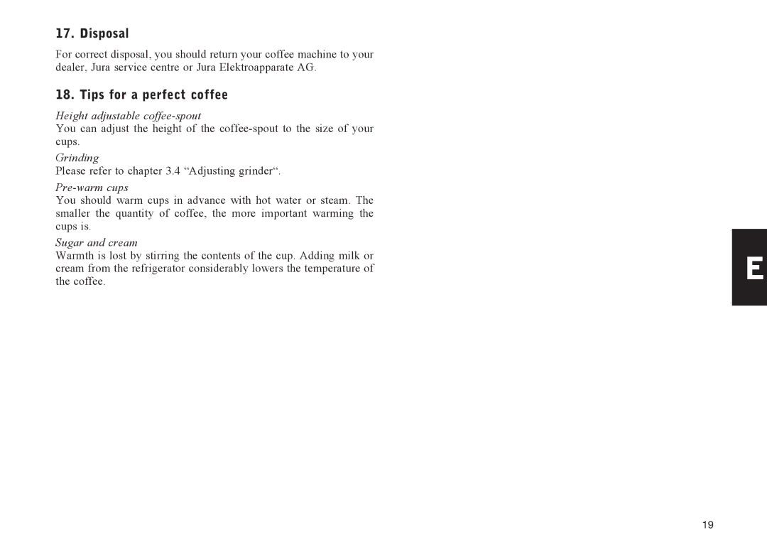 Jura Capresso 601, S90, S95 manual Disposal, Tips for a perfect coffee 