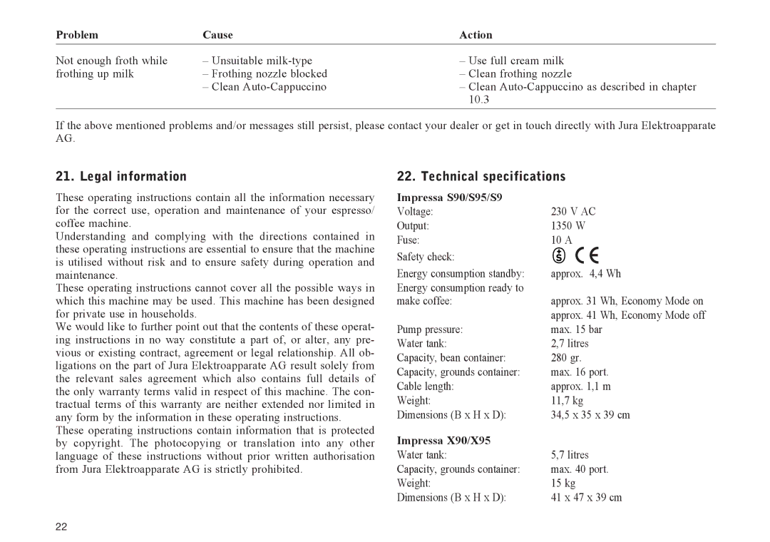 Jura Capresso S95, S90, 601 manual Legal information, Technical specifications 