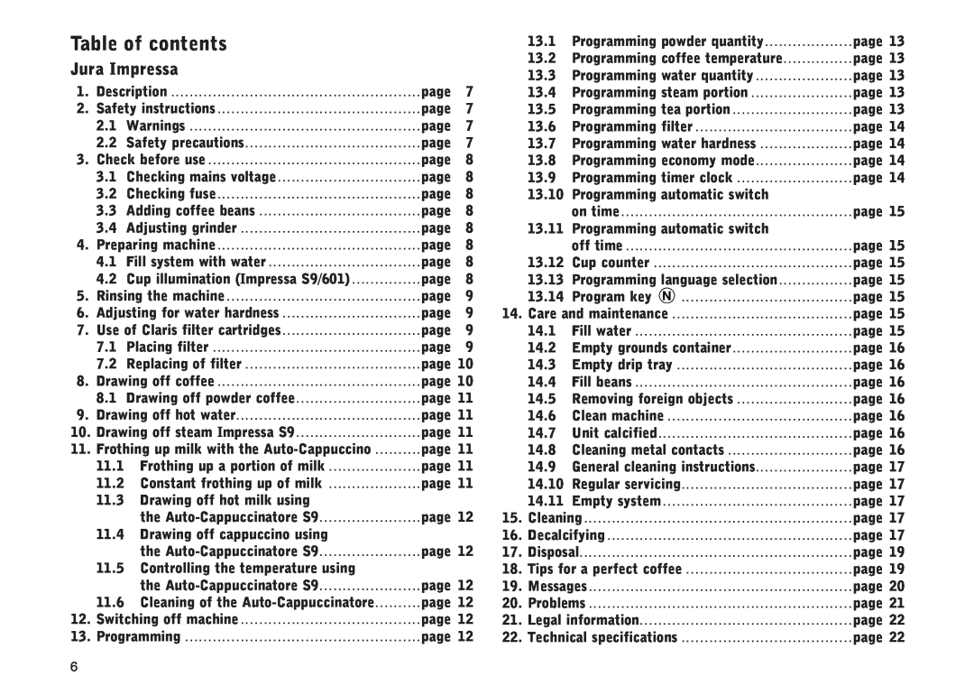 Jura Capresso S95, S90, 601 manual Table of contents, Jura Impressa 