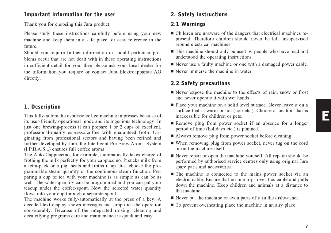 Jura Capresso 601 Important information for the user, Description, Safety instructions 2.1 Warnings, Safety precautions 