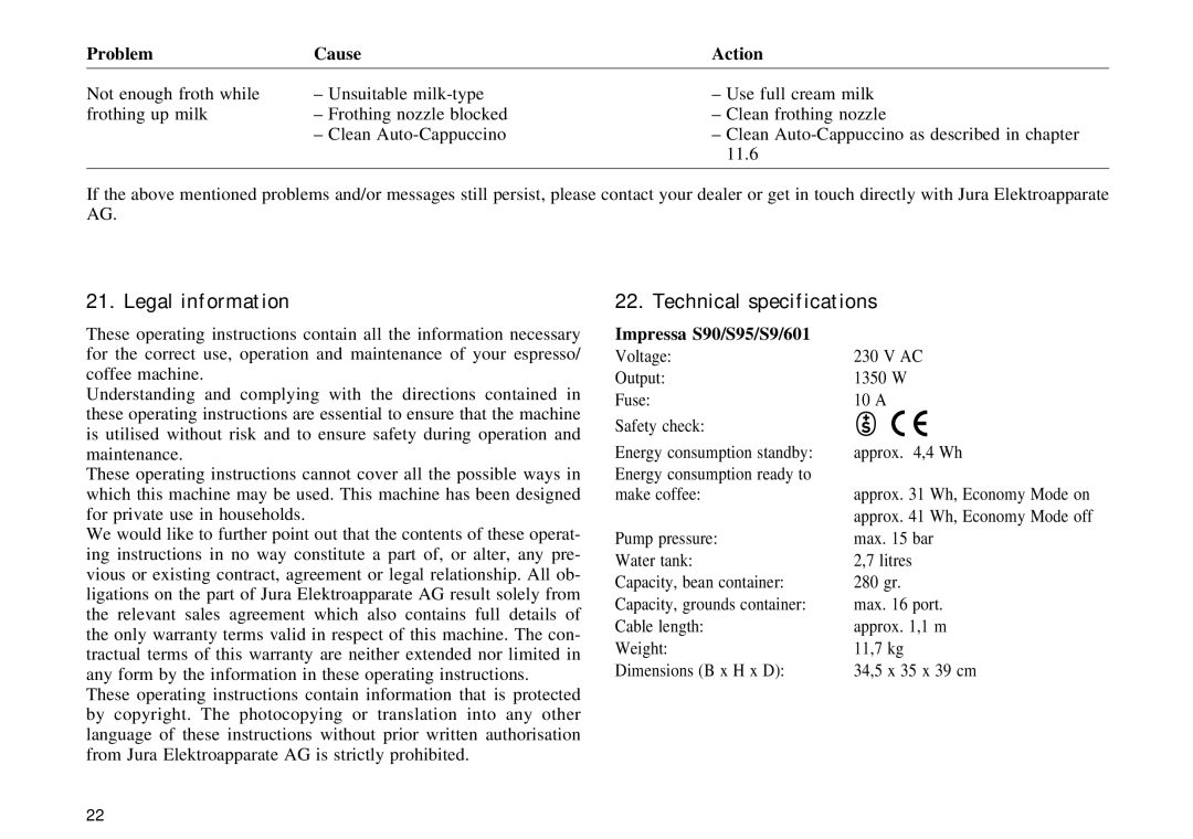 Jura Capresso S90, S95 manual Legal information, Technical specifications 