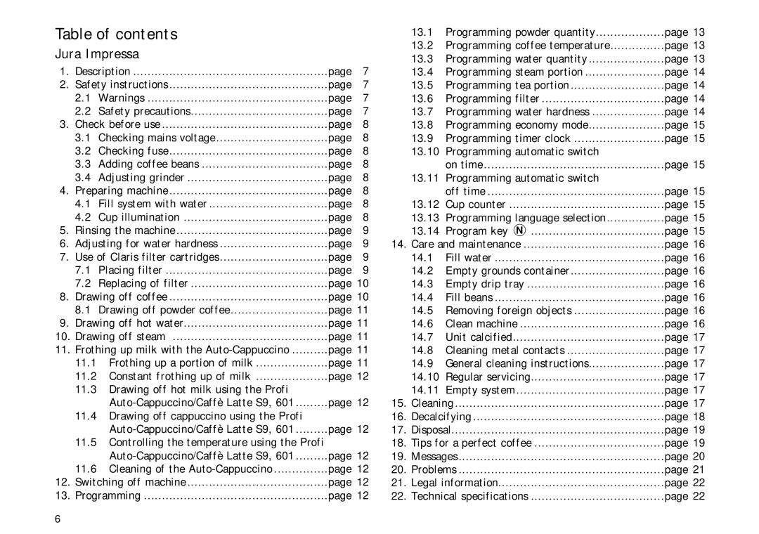 Jura Capresso S90, S95 manual Table of contents 