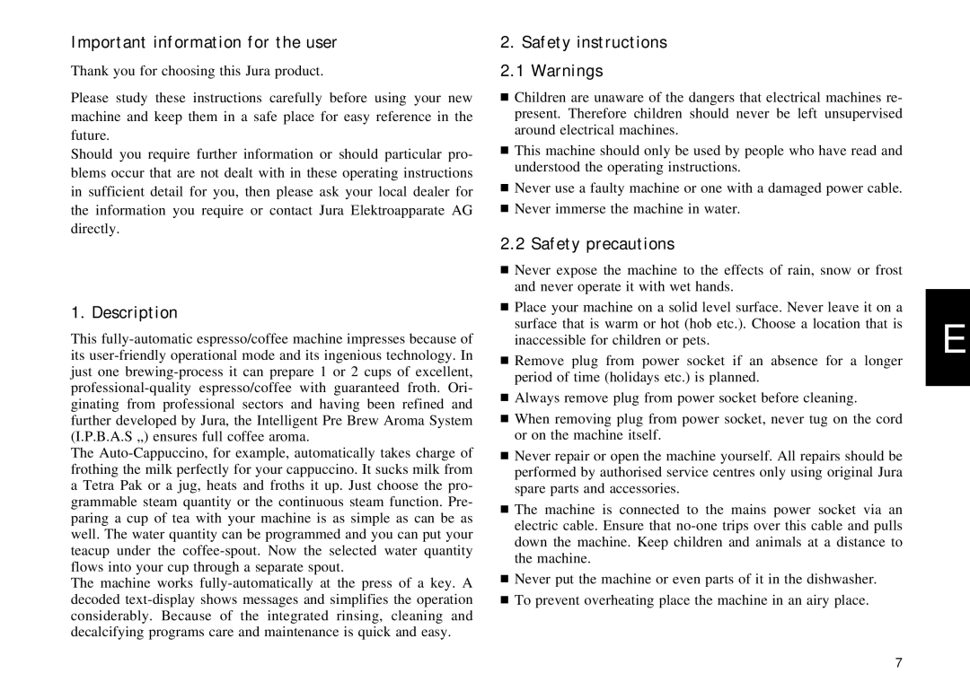 Jura Capresso S90, S95 manual Important information for the user, Description, Safety instructions, Safety precautions 