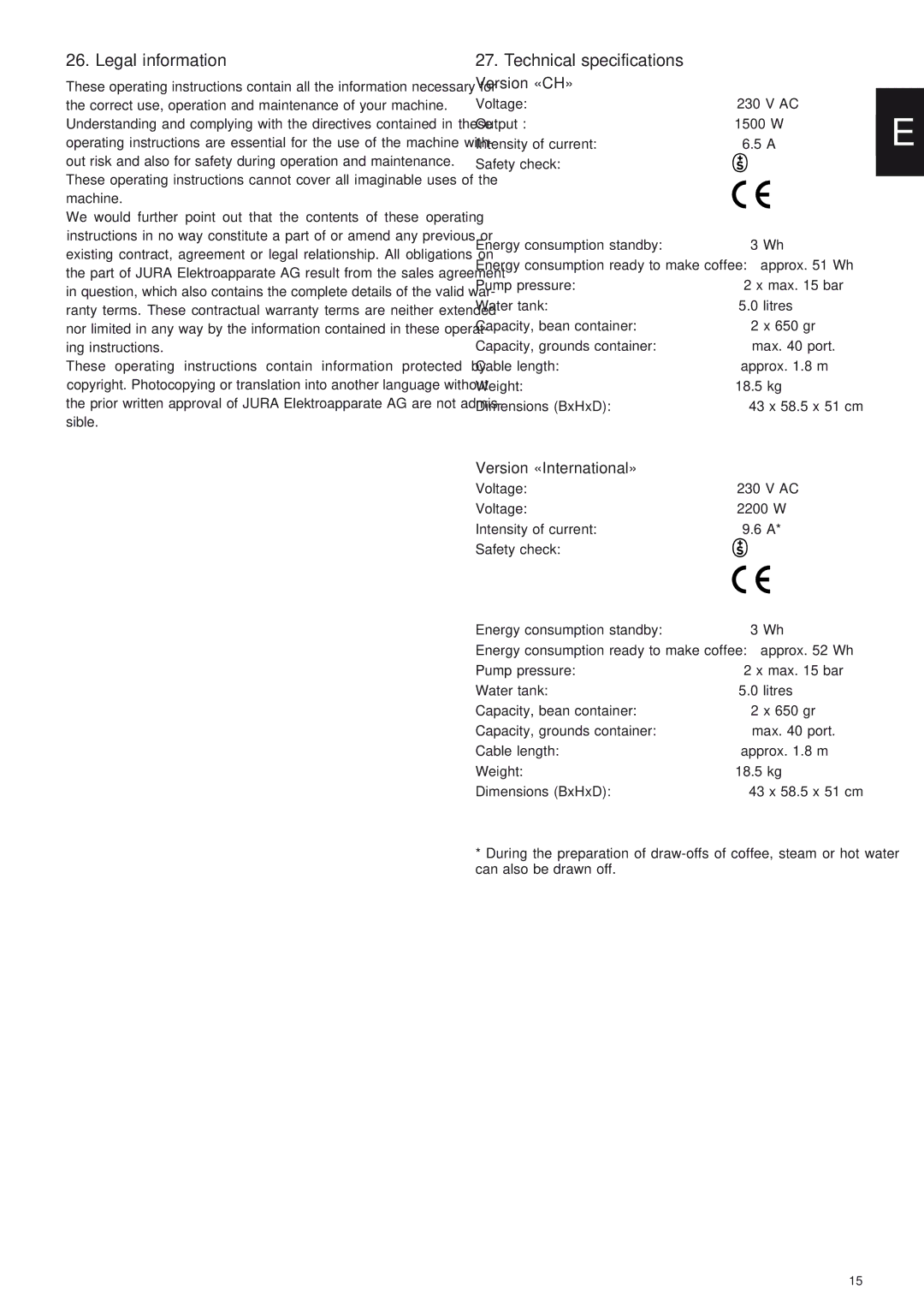 Jura Capresso X7-S manual Legal information, Technical specifications 