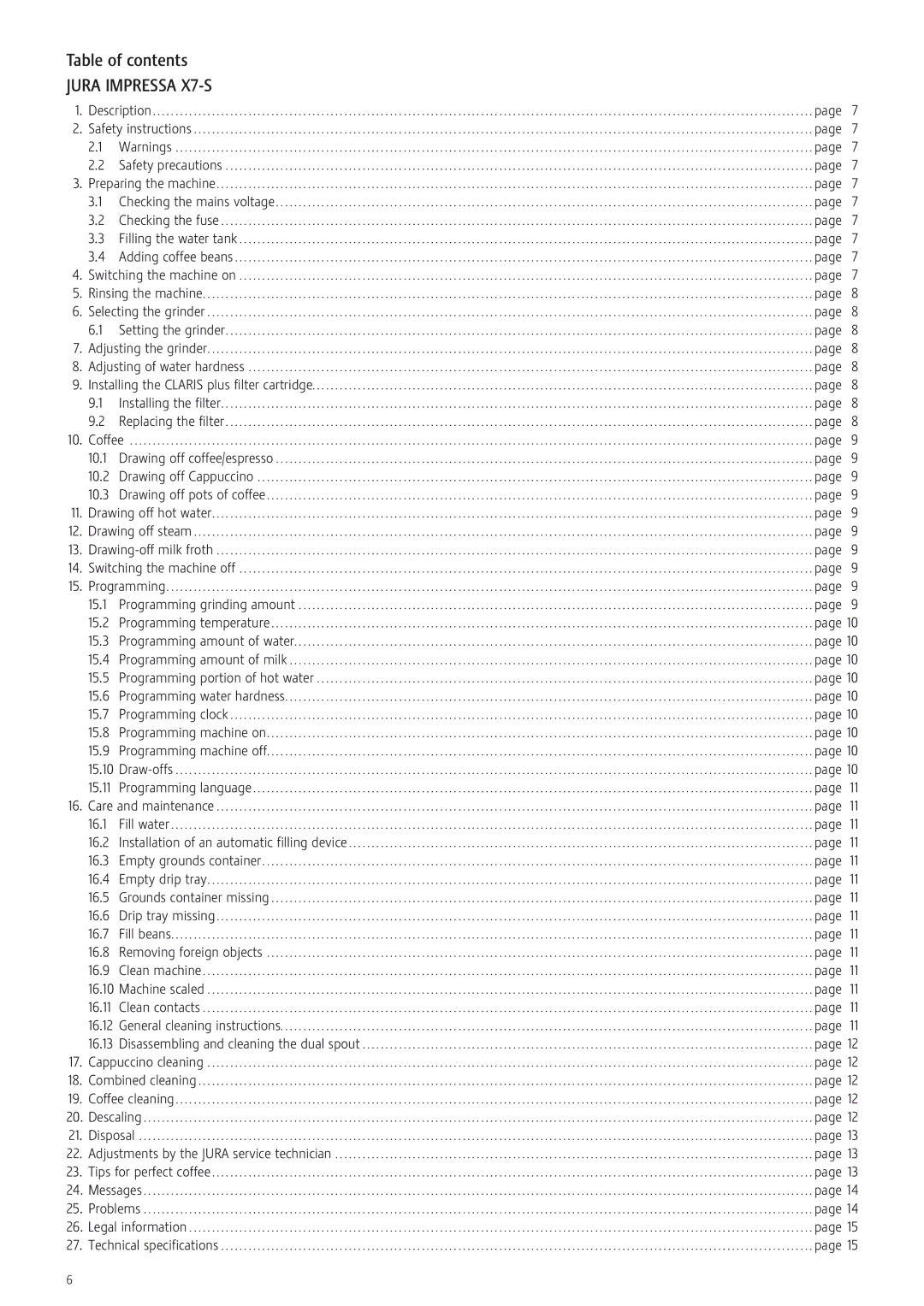 Jura Capresso X7-S manual Table of contents 