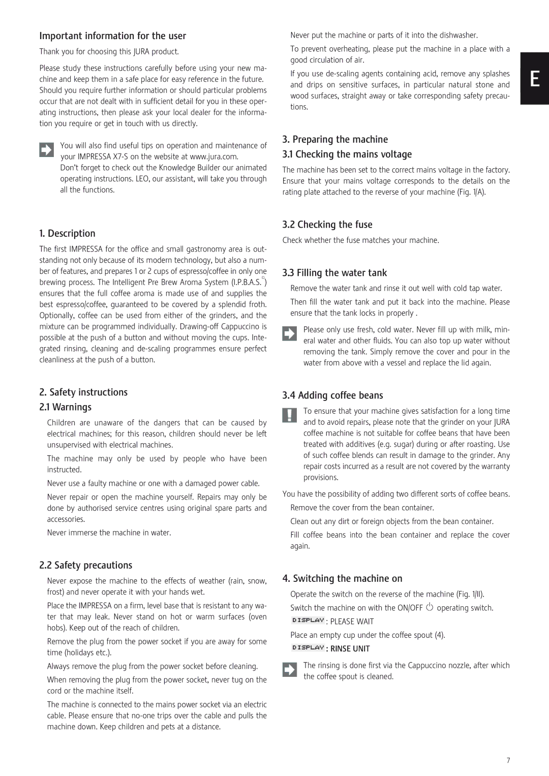 Jura Capresso X7-S manual Important information for the user, Preparing the machine Checking the mains voltage, Description 