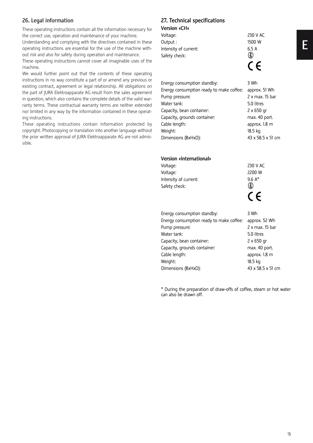 Jura Capresso X7-S manual Legal information, Technical specifications, Version «CH», Version «International» 