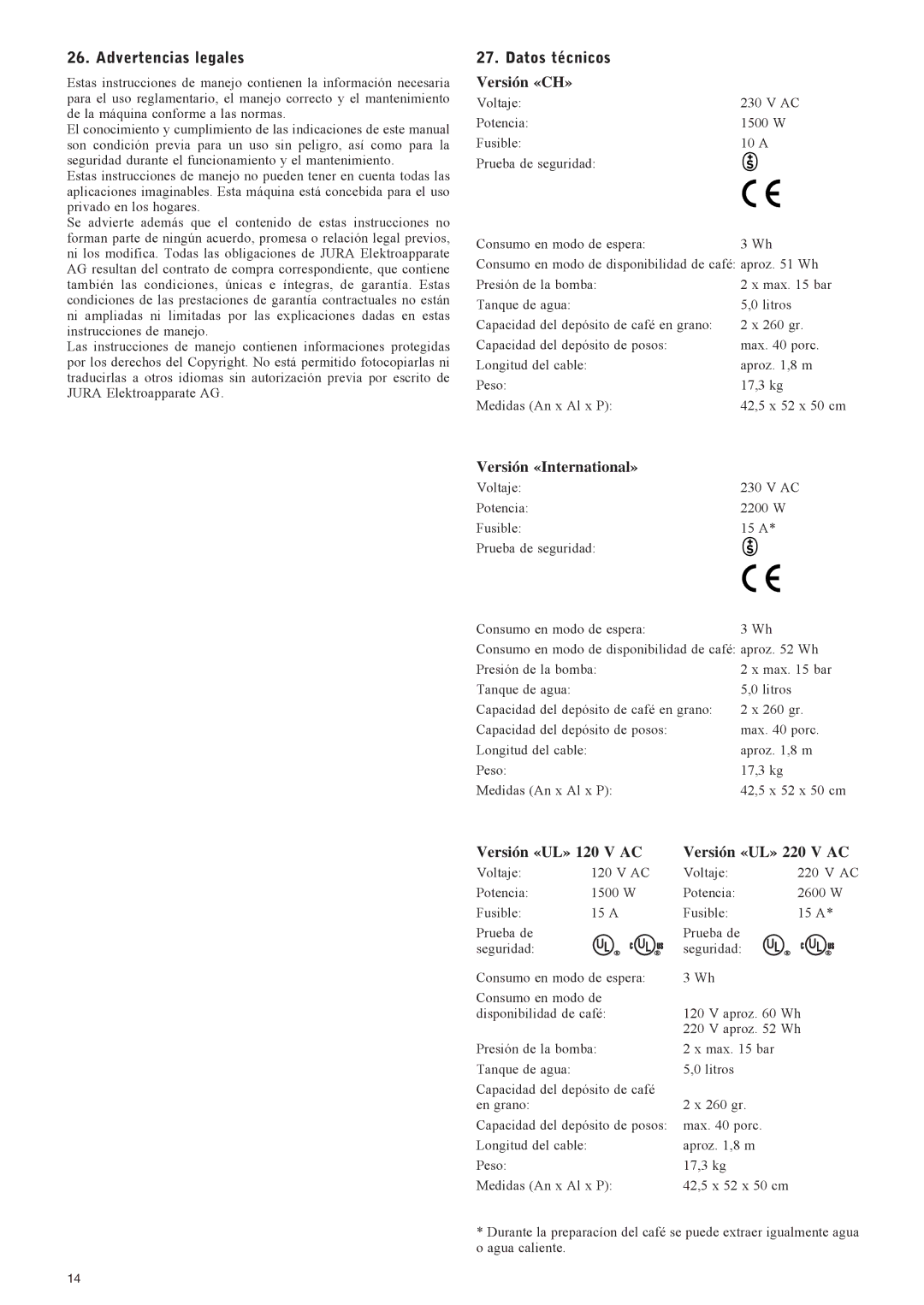 Jura Capresso X7 manual Advertencias legales, Datos técnicos Versión «CH» 