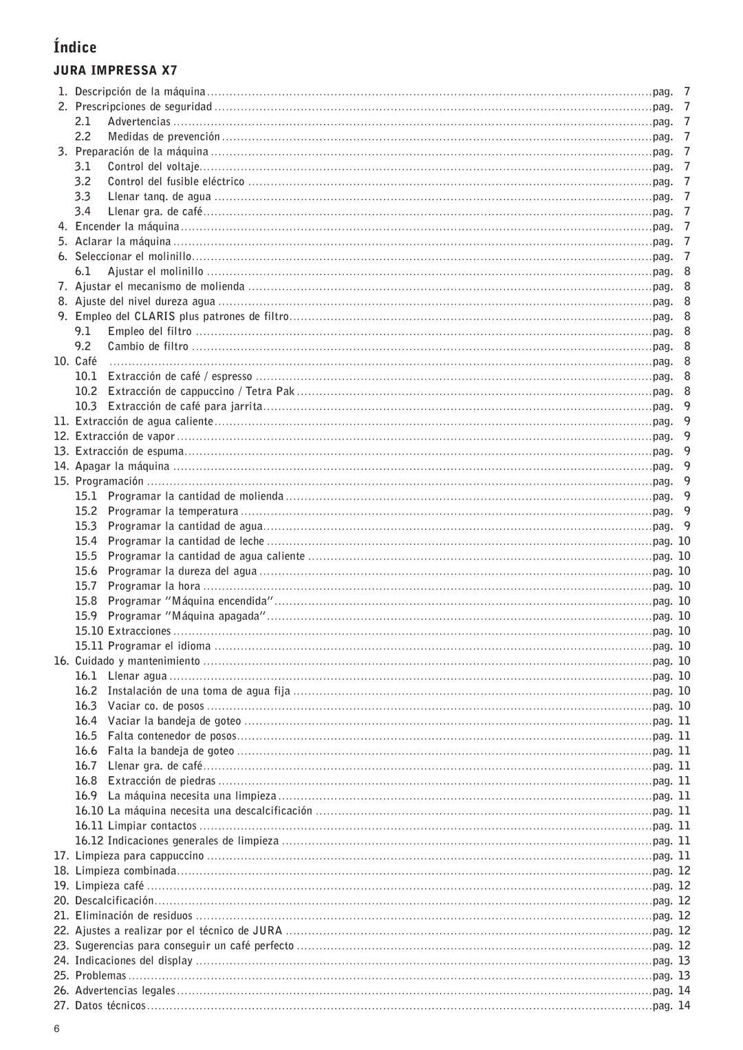 Jura Capresso X7 manual Índice, Jura Impressa 