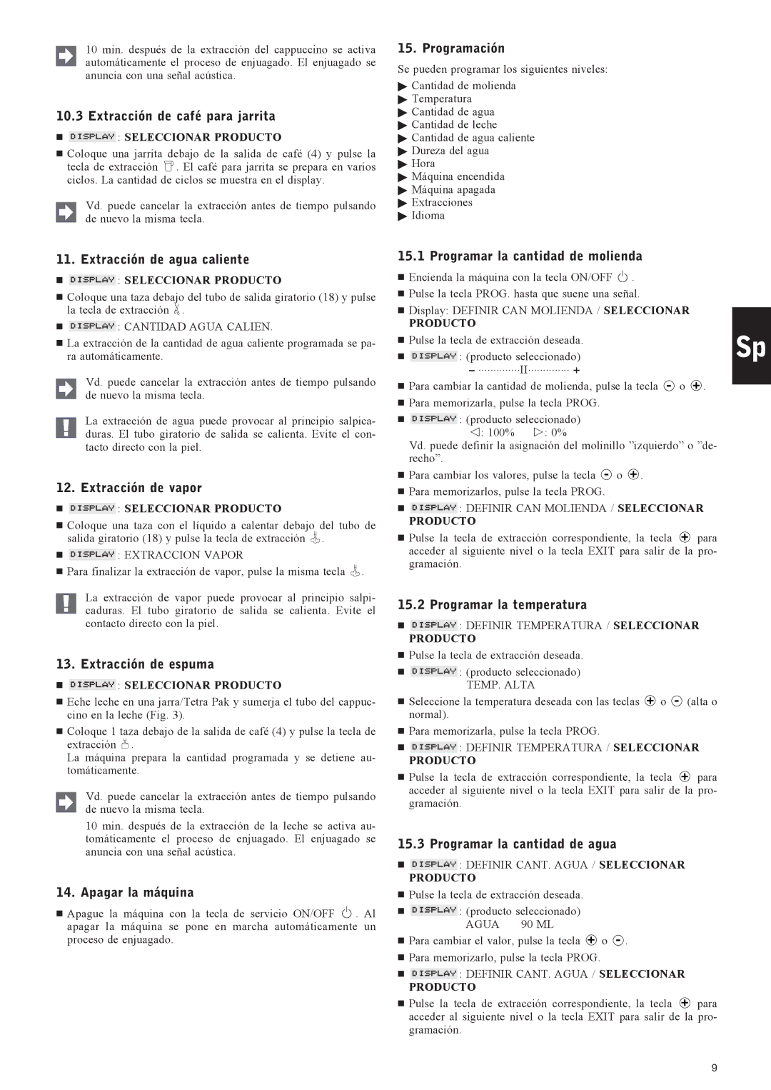 Jura Capresso X7 manual Extracción de café para jarrita, Programación, Extracción de agua caliente, Extracción de vapor 