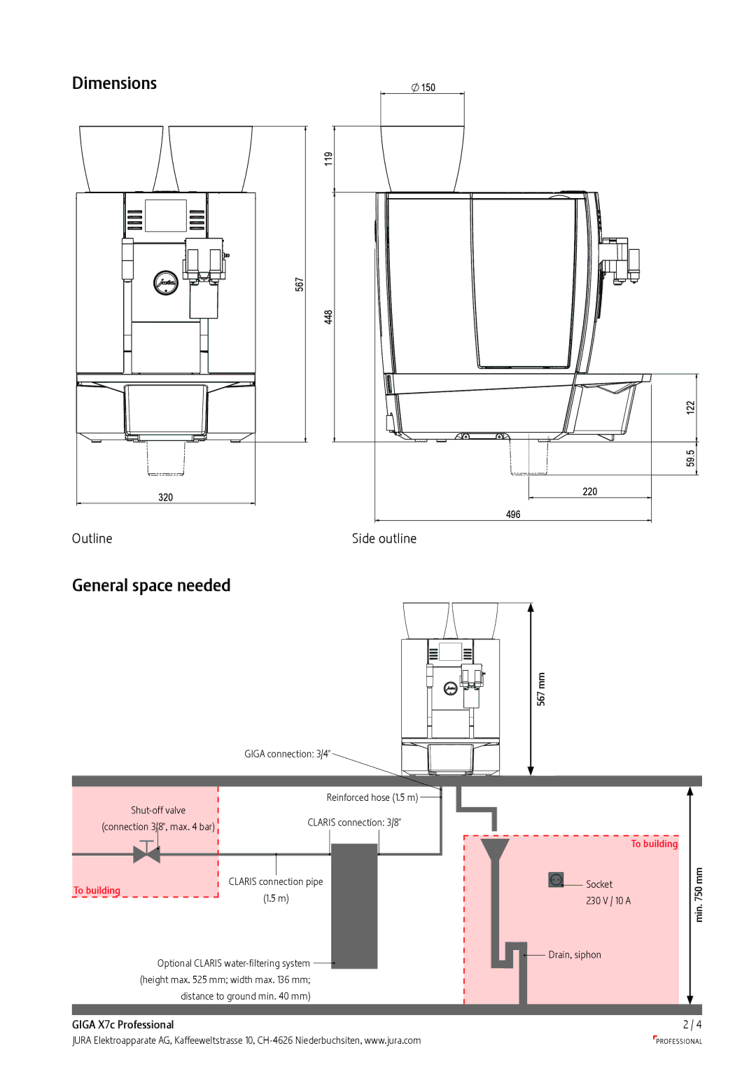 Jura Capresso X7c manual Dimensions, General space needed 