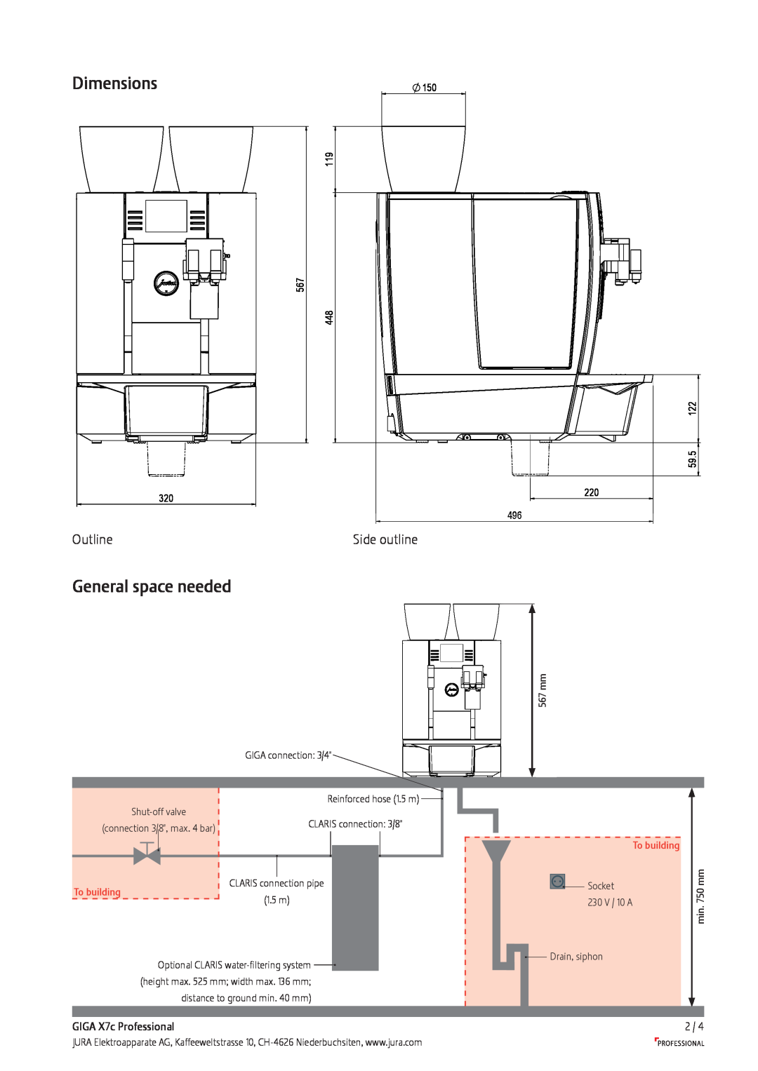 Jura Capresso manual Dimensions, General space needed, Side outline, GIGA X7c Professional, To building 