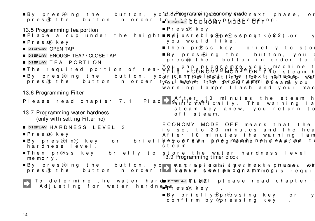 Jura Capresso X90/X95 manual Programming tea portion, Programming Filter, Programming economy mode, Programming timer clock 