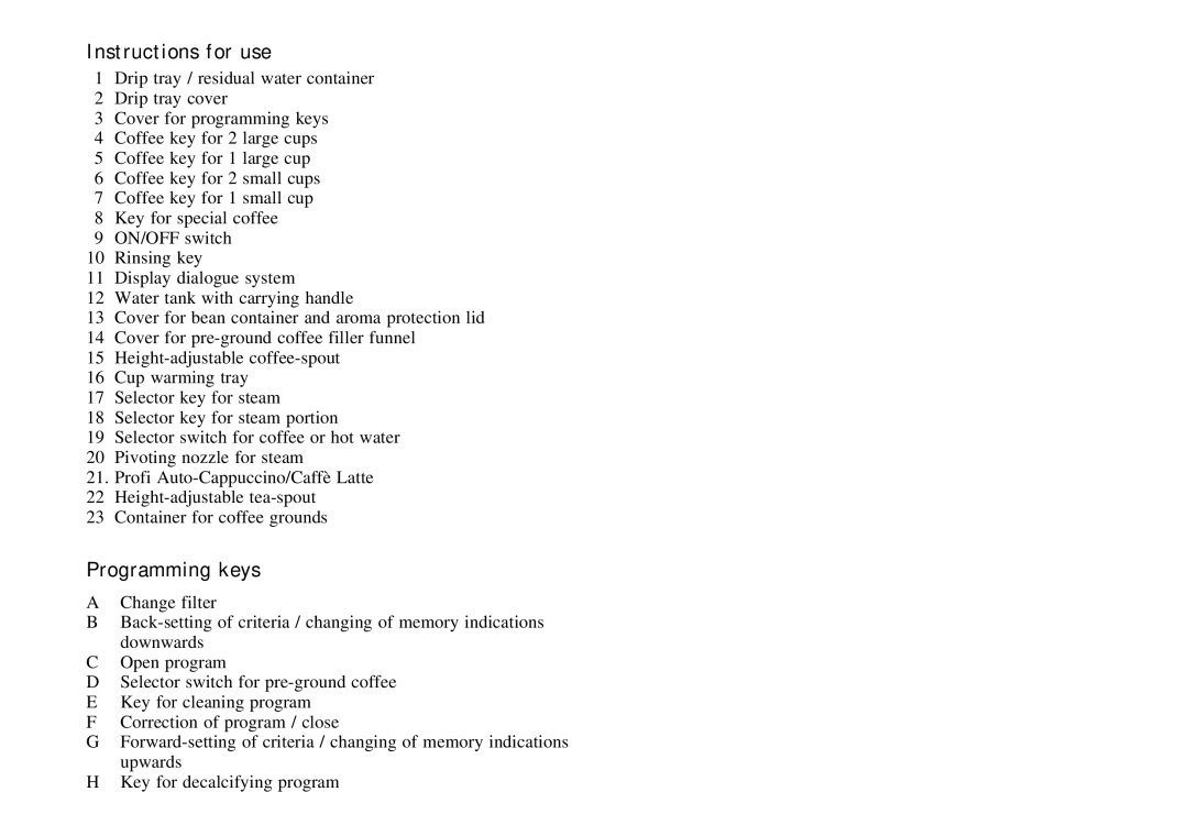 Jura Capresso X90/X95 manual Instructions for use, Programming keys 