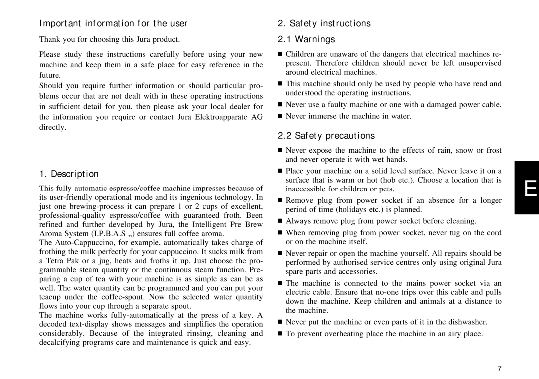 Jura Capresso X90/X95 manual Important information for the user, Description, Safety instructions, Safety precautions 