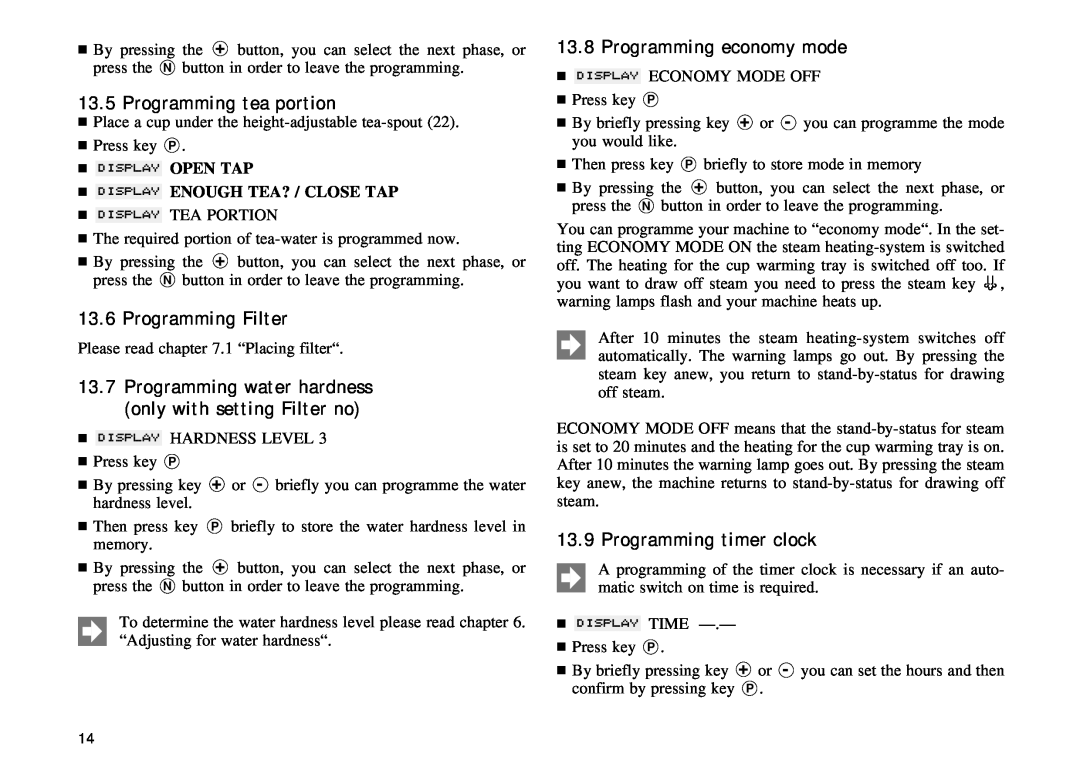 Jura Capresso X90/X95 manual Programming tea portion, Programming Filter, Programming economy mode, Programming timer clock 