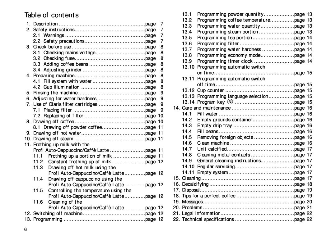 Jura Capresso X90/X95 manual Table of contents 