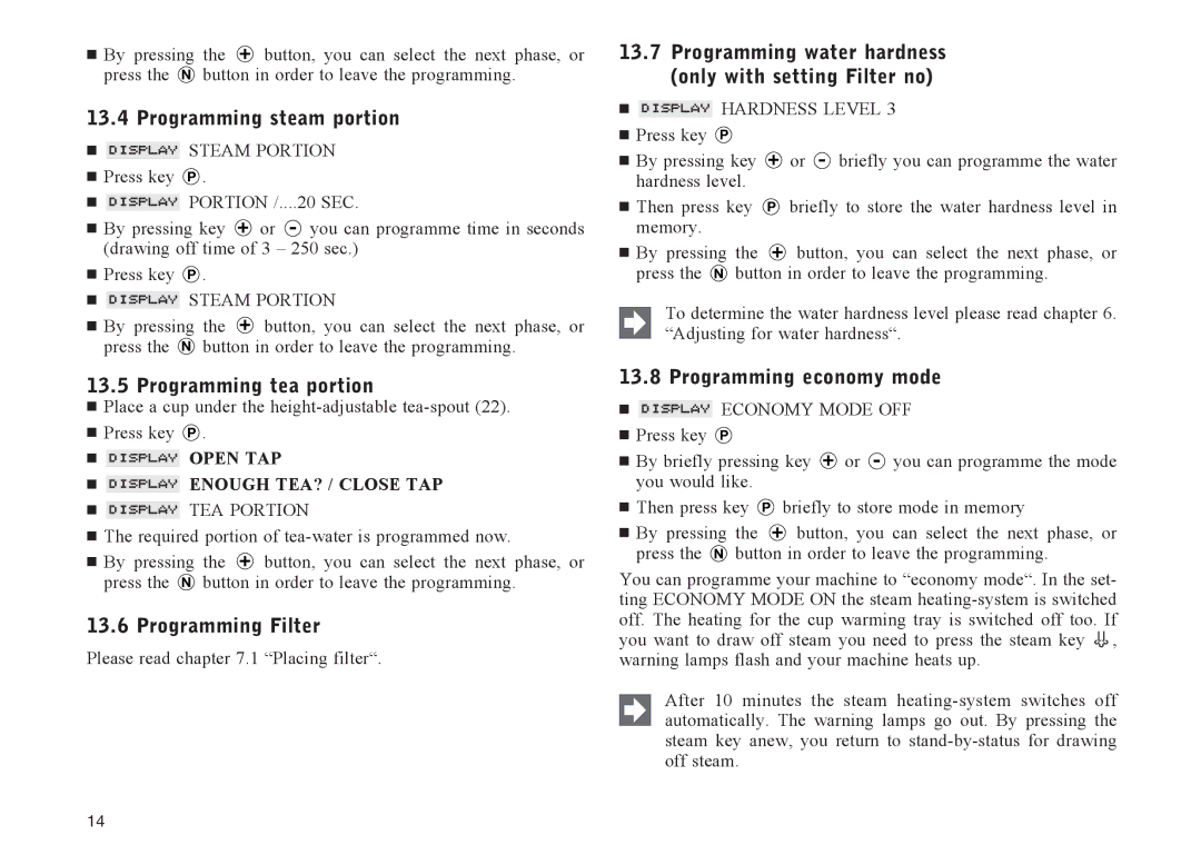 Jura Capresso X95, X90 Programming steam portion, Programming tea portion, Programming Filter, Programming economy mode 