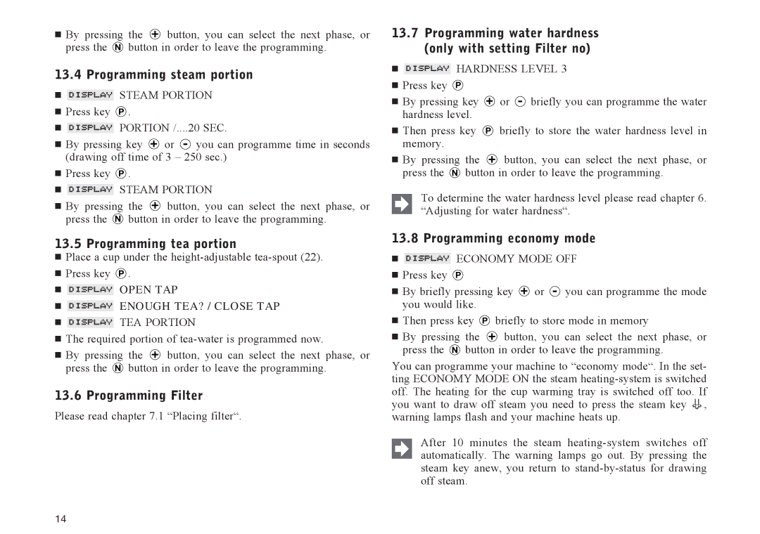 Jura Capresso X95, X90 Programming steam portion, Programming tea portion, Programming Filter, Programming economy mode 