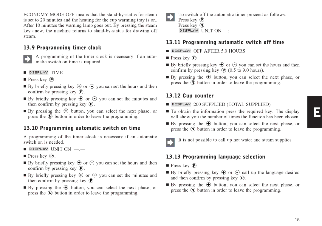 Jura Capresso X90 Programming timer clock, Programming automatic switch on time, Programming automatic switch off time 