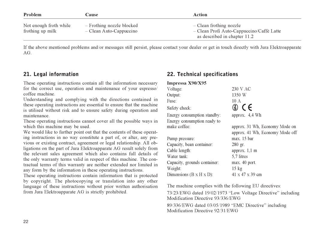 Jura Capresso X95, X90 manual Legal information, Technical specifications 