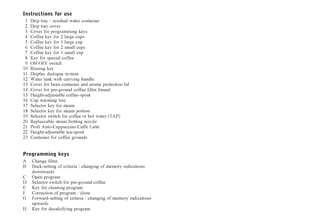 Jura Capresso X90, X95 manual Instructions for use, Programming keys 