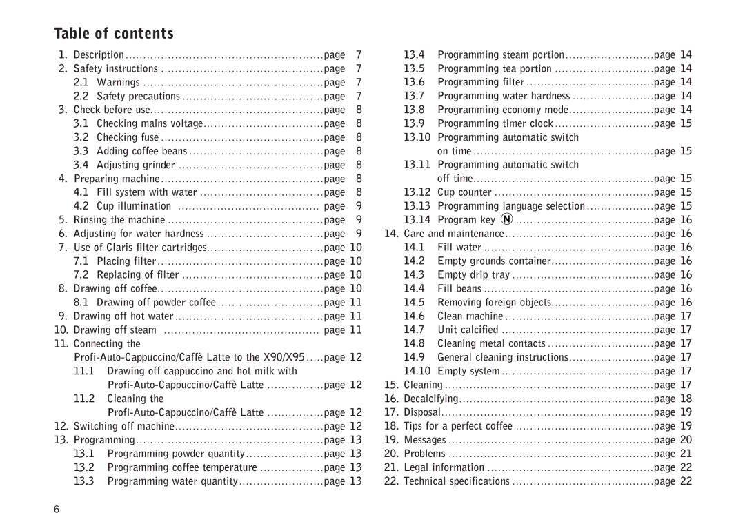 Jura Capresso X95, X90 manual Table of contents 