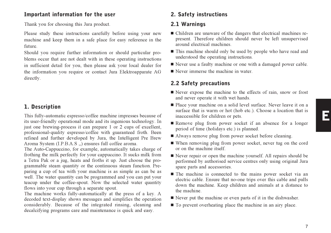 Jura Capresso X90, X95 manual Important information for the user, Description, Safety instructions, Safety precautions 