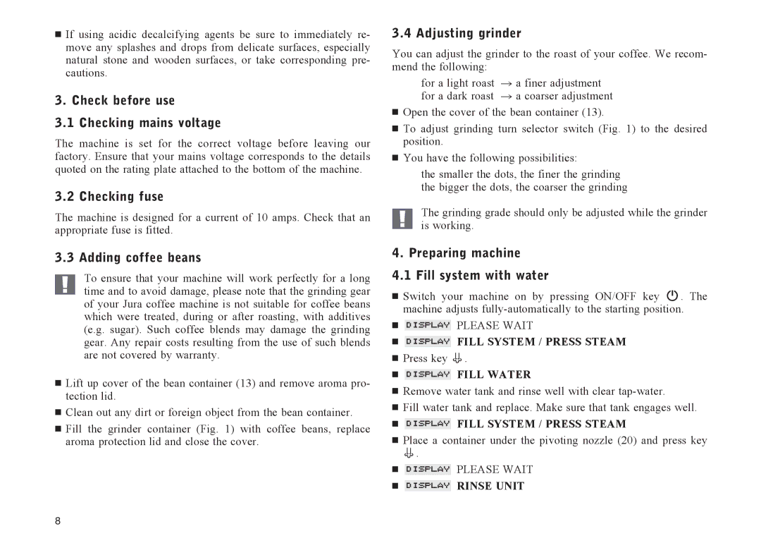 Jura Capresso X95, X90 manual Check before use Checking mains voltage, Checking fuse, Adding coffee beans, Adjusting grinder 