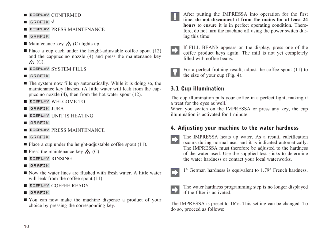 Jura Capresso Z5 manual Cup illumination, Adjusting your machine to the water hardness 