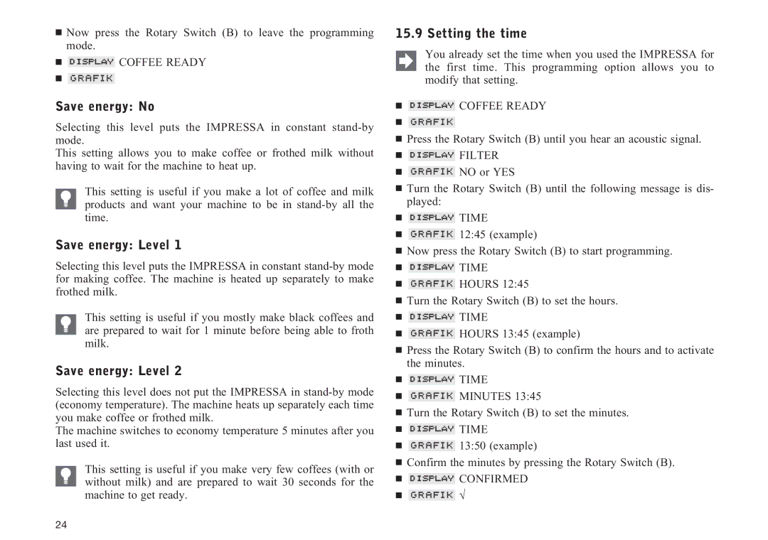 Jura Capresso Z5 manual Save energy No, Save energy Level, Setting the time,  Time 