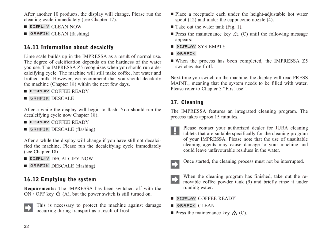 Jura Capresso Z5 manual Information about decalcify, Emptying the system, Cleaning 