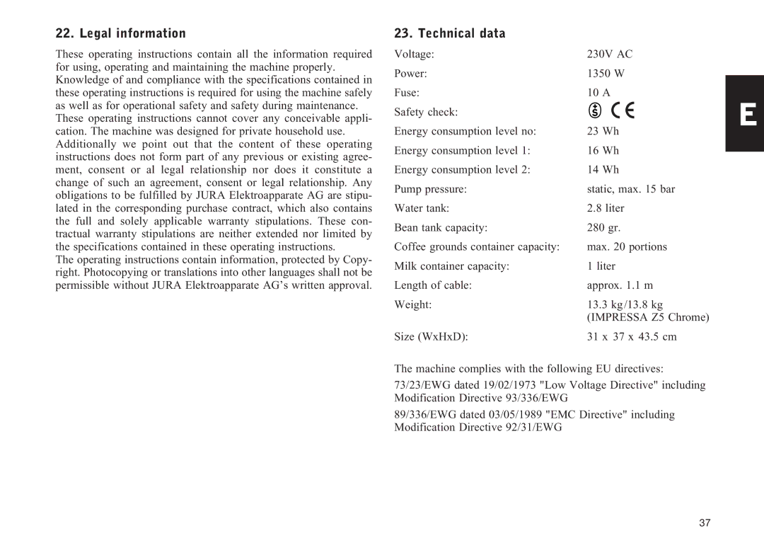 Jura Capresso Z5 manual Legal information, Technical data 