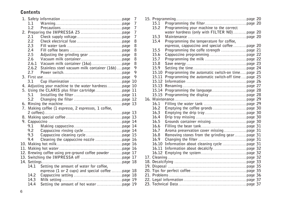 Jura Capresso Z5 manual Contents 