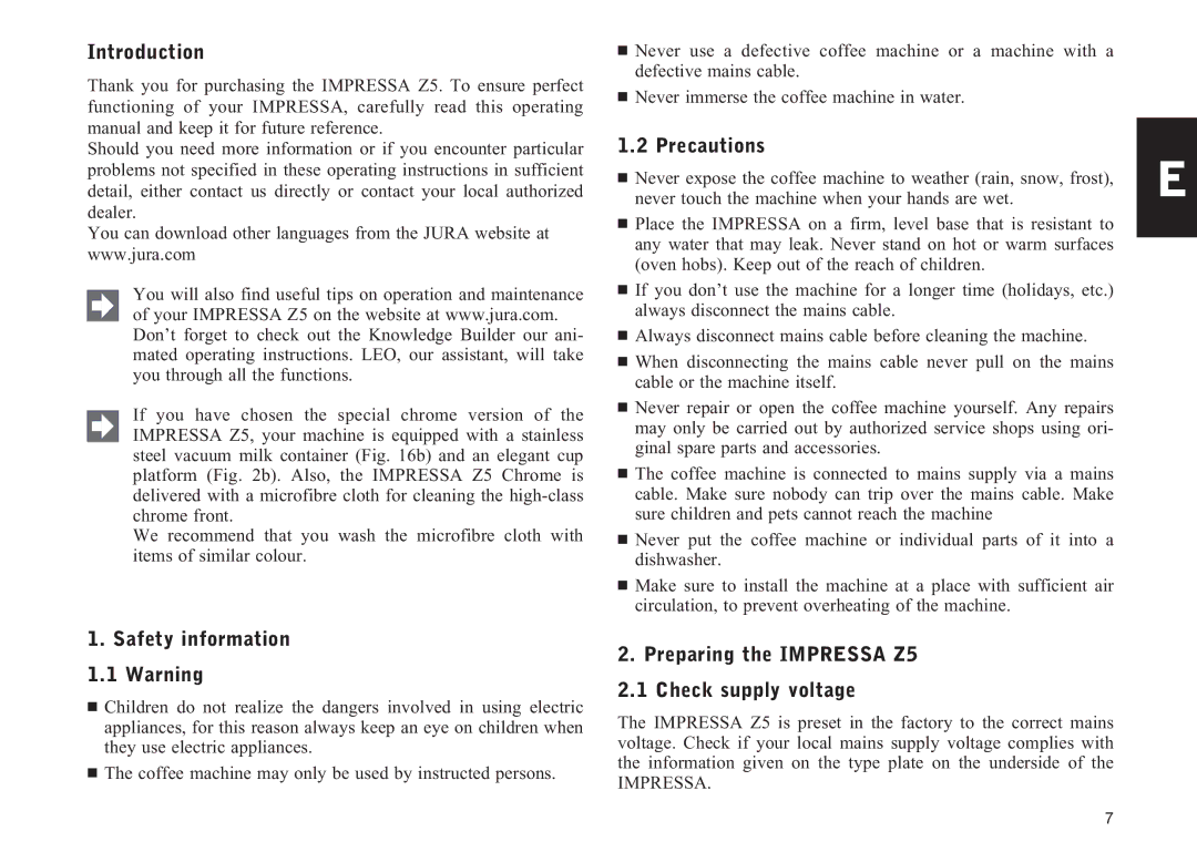 Jura Capresso Z5 manual Introduction, Safety information 1.1 Warning, Precautions, Impressa 