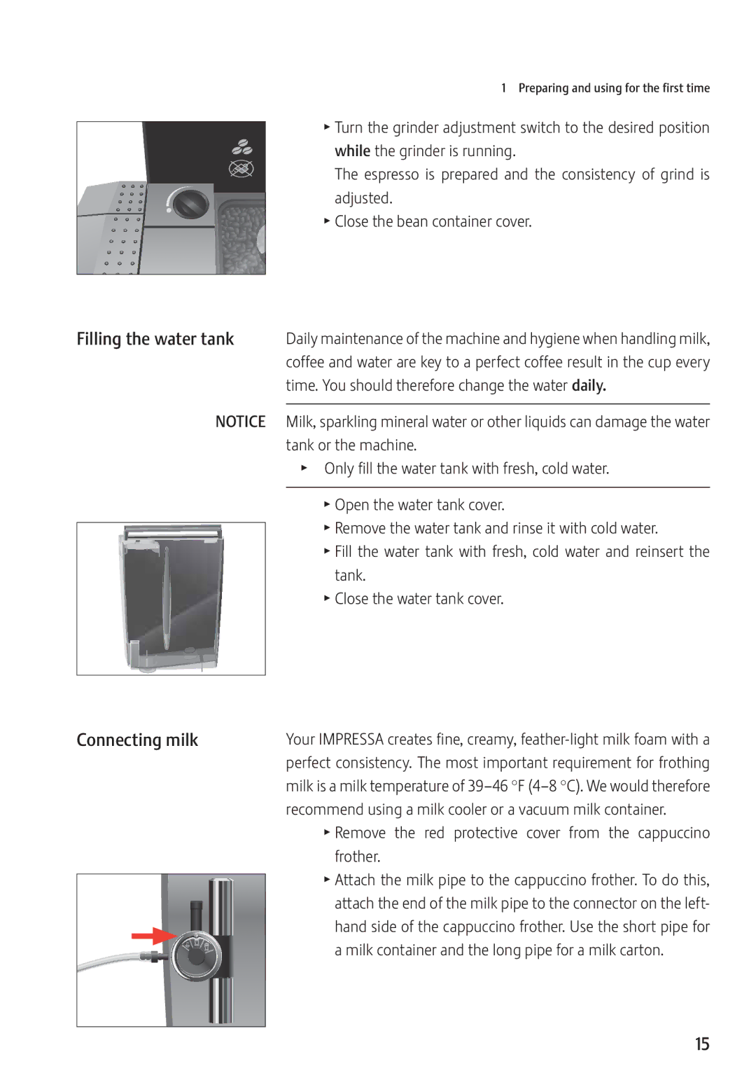 Jura Capresso Z9 manual Filling the water tank, Connecting milk 