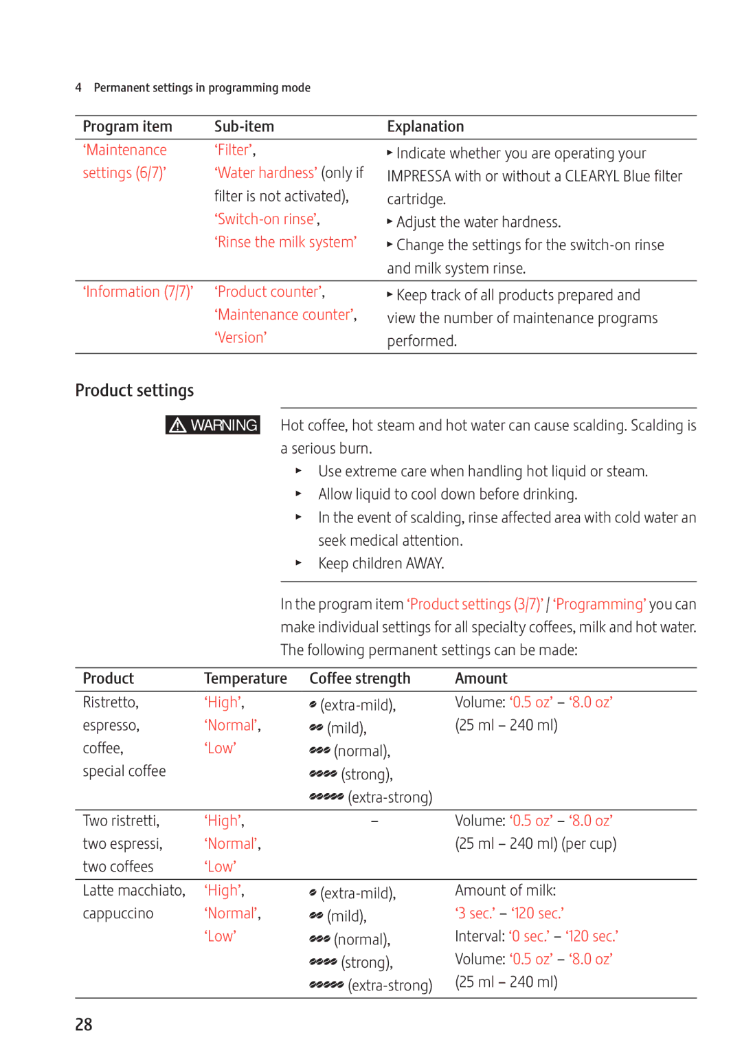 Jura Capresso Z9 manual Product settings 