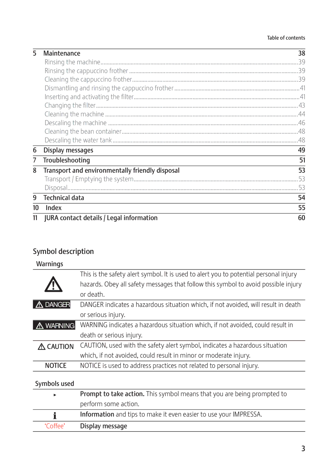 Jura Capresso Z9 manual Symbol description, Maintenance 