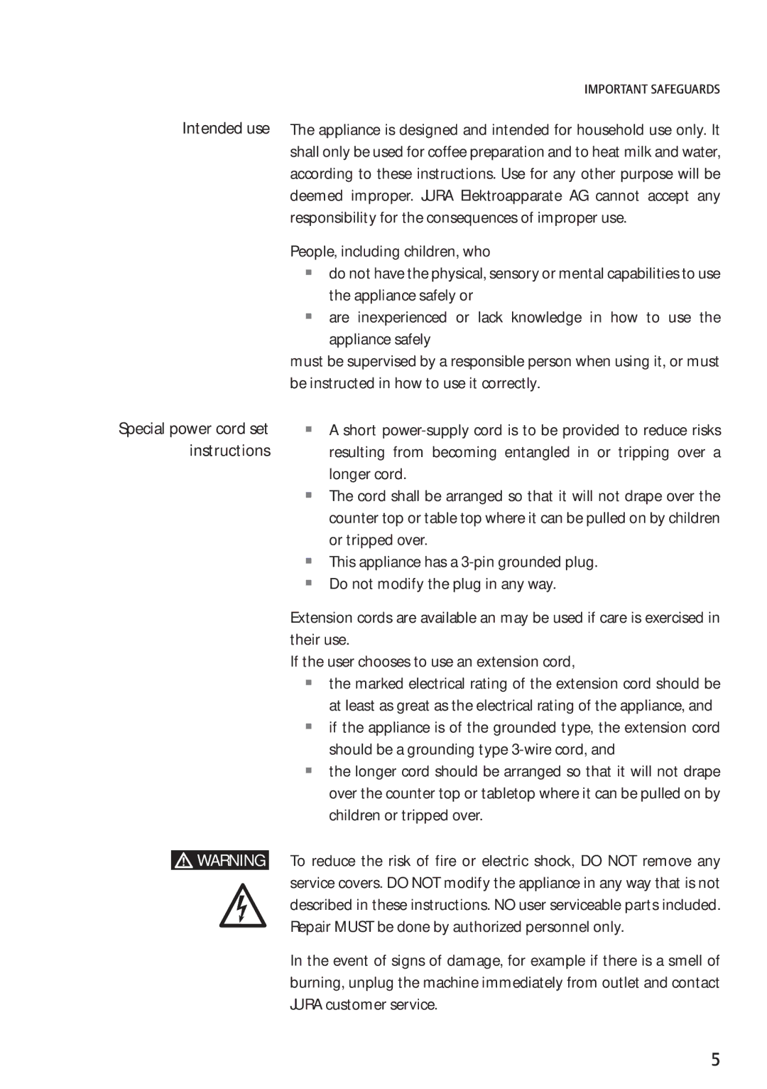 Jura Capresso Z9 manual Special power cord set instructions 