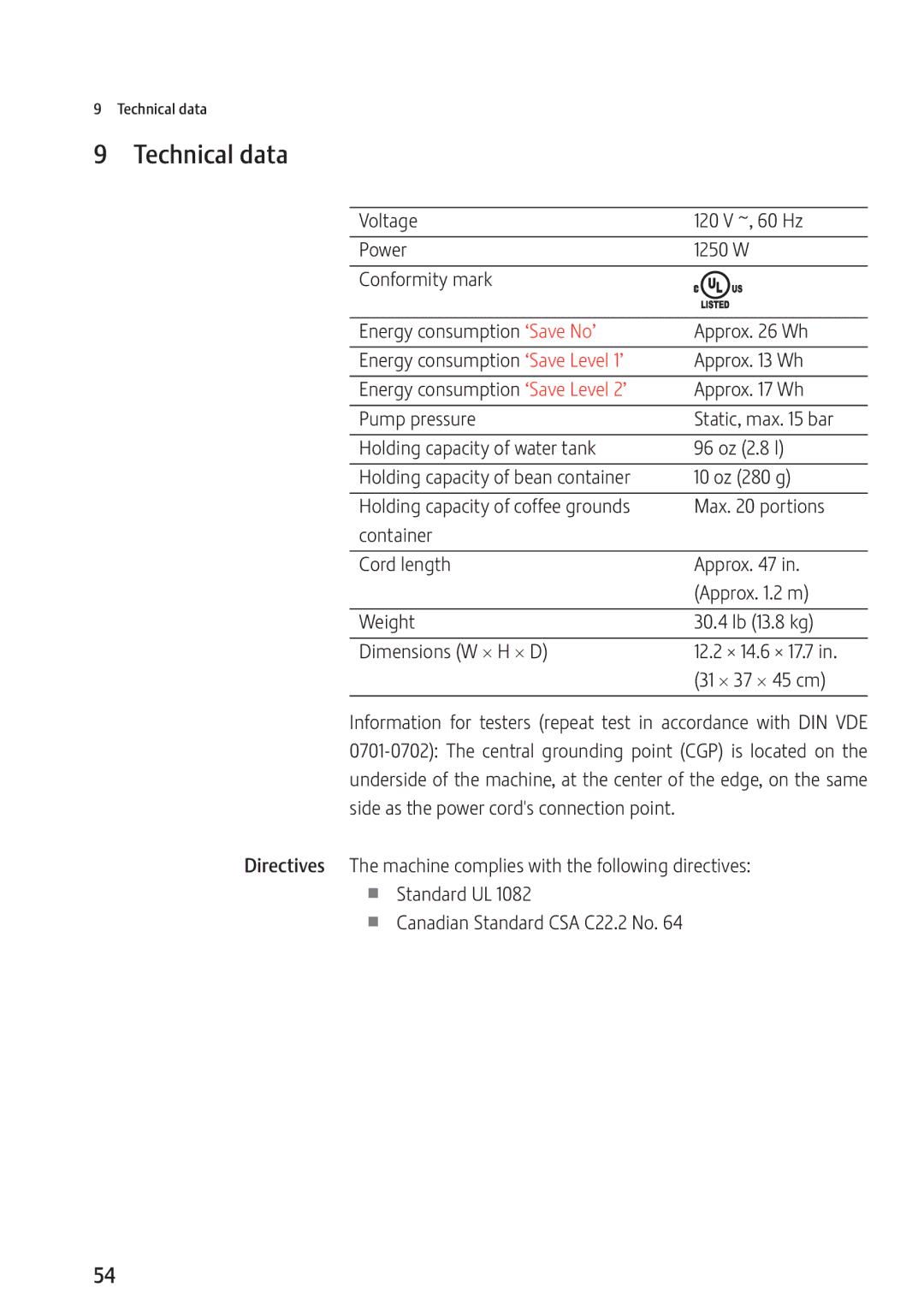 Jura Capresso Z9 manual Technical data, 31  37  45 cm 