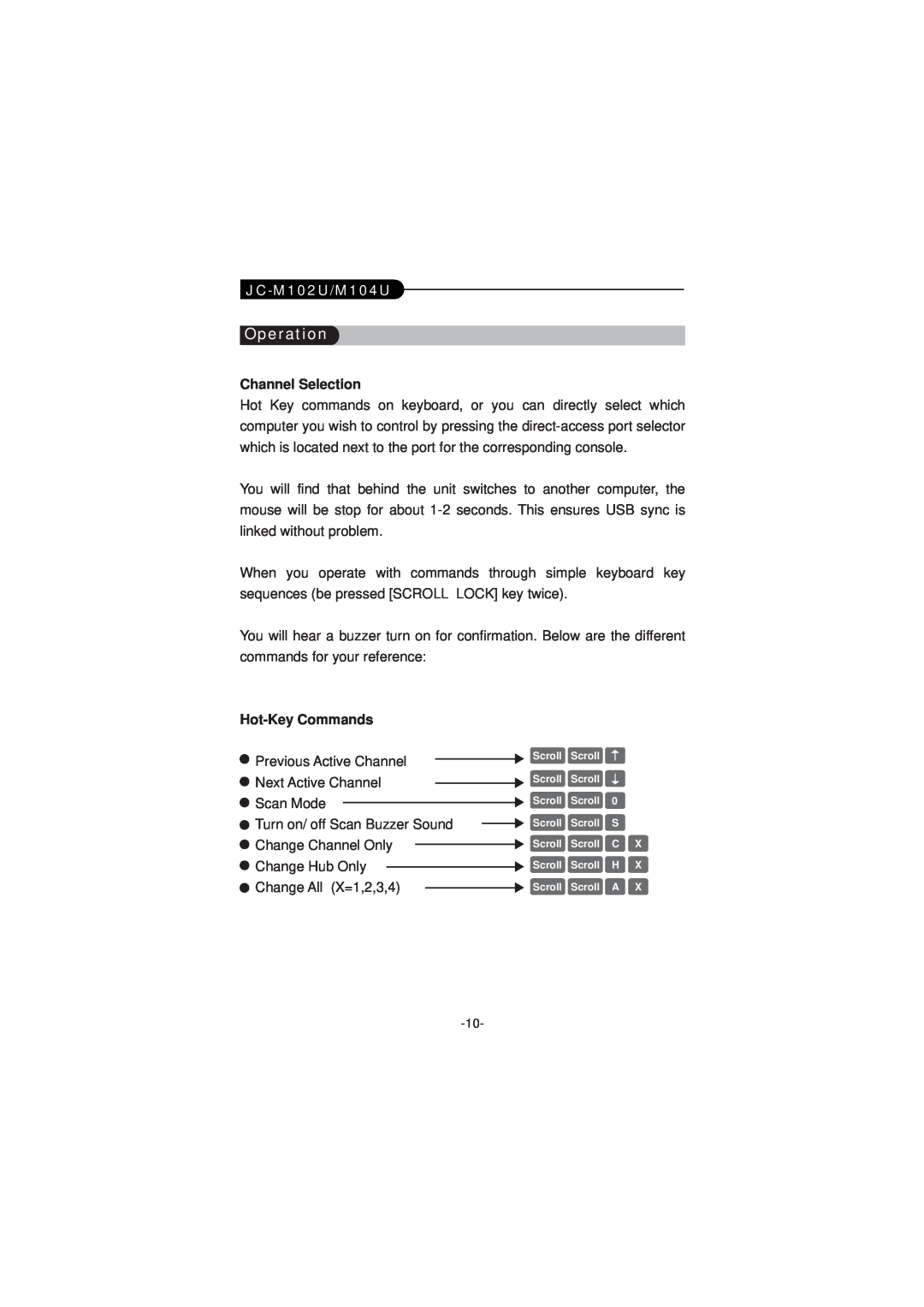 JustCom Technology JC-M104U user manual Operation, Channel Selection, Hot-Key Commands, JC-M102U/M104U 