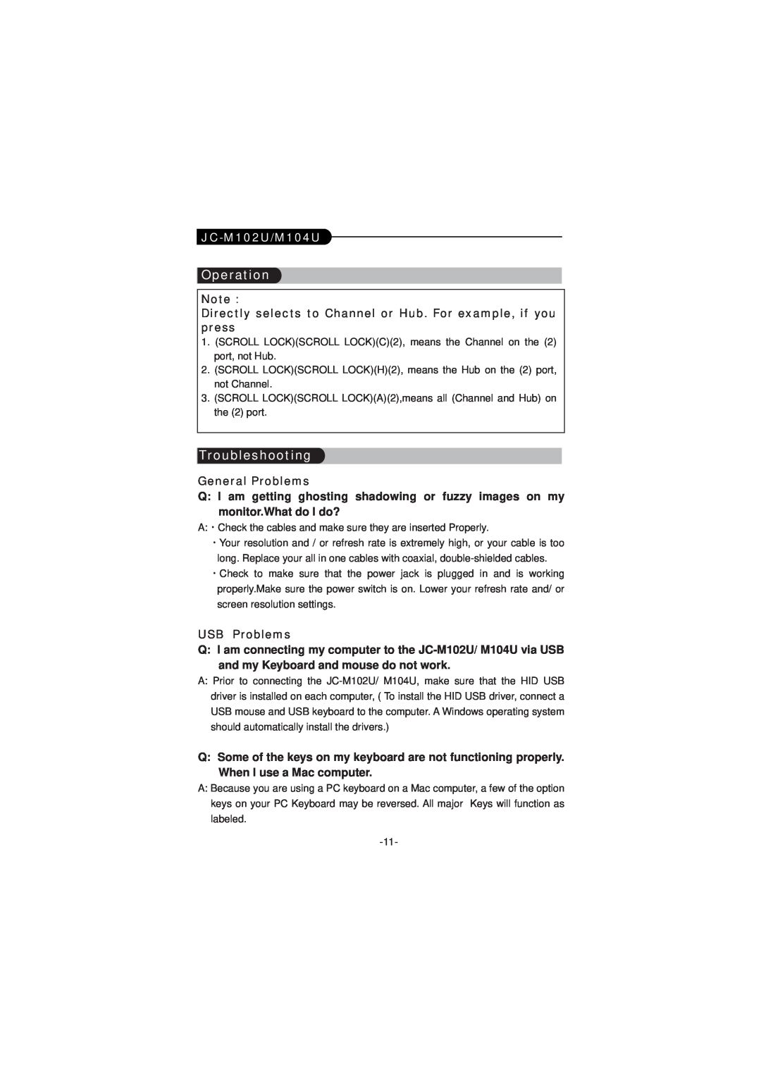 JustCom Technology JC-M102U Troubleshooting, Directly selects to Channel or Hub. For example, if you press, USB Problems 